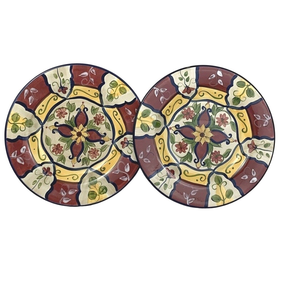 Pier 1 Vallarta Salad Bread Plates Handpainted Earthenware Floral Boho Set/2